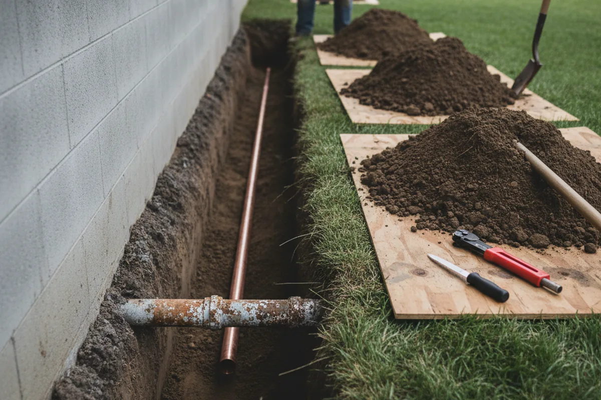 Excavated water line trench during Sewer Line Repair in Meacham
